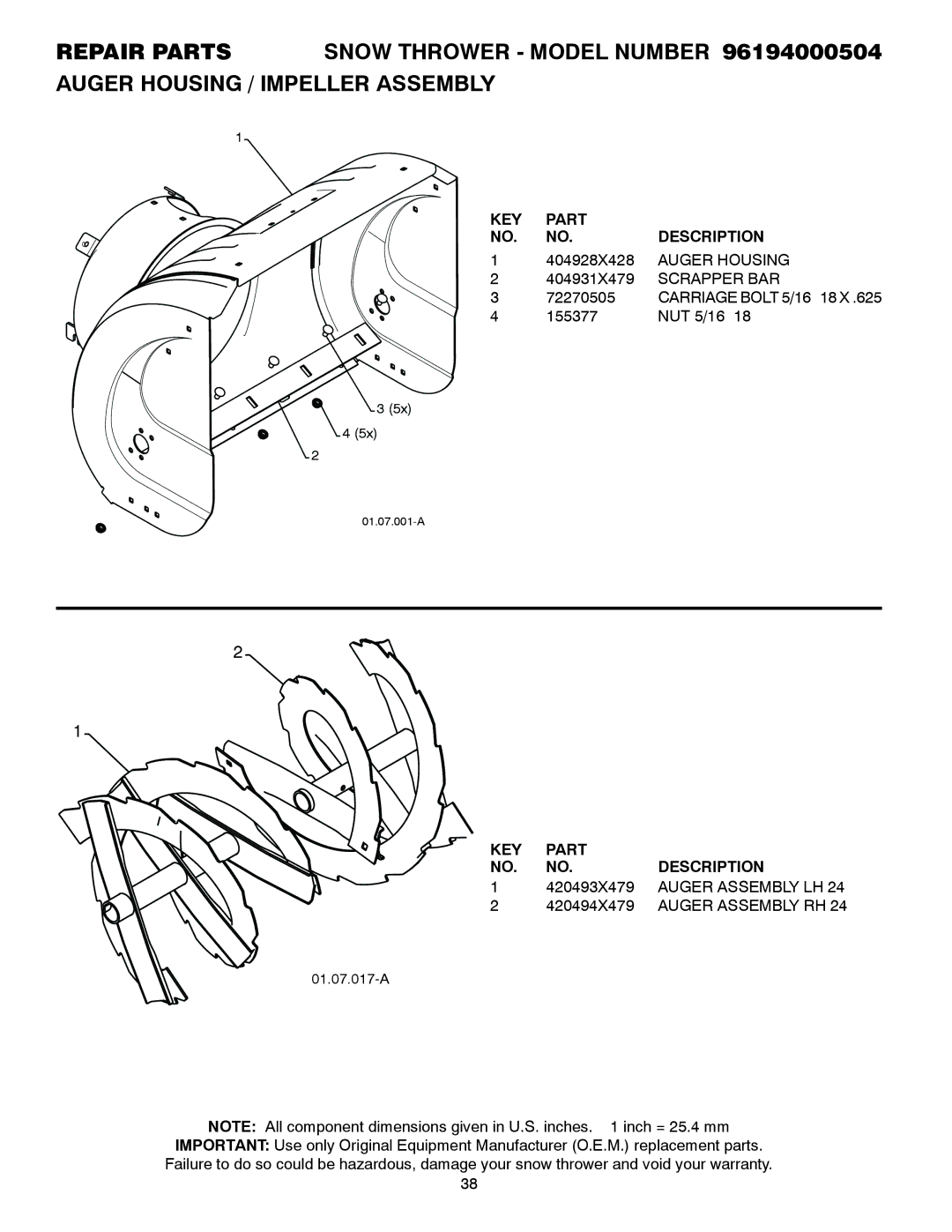 Poulan 96194000504 owner manual Auger Housing, Scrapper BAR, Auger Assembly LH, Auger Assembly RH 