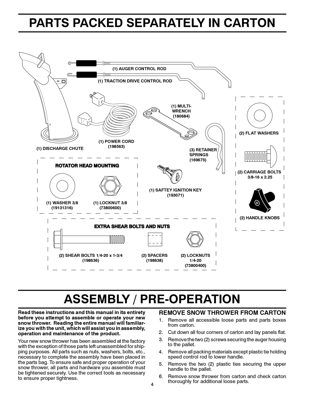 Poulan 96194000504 Parts Packed Separately in Carton, Assembly / PRE-OPERATION, Remove Snow Thrower from Carton 