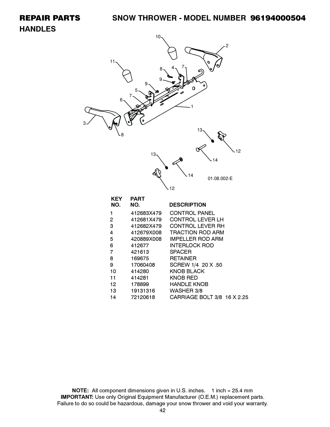 Poulan owner manual Repair Parts Snow Thrower Model Number 96194000504 Handles 