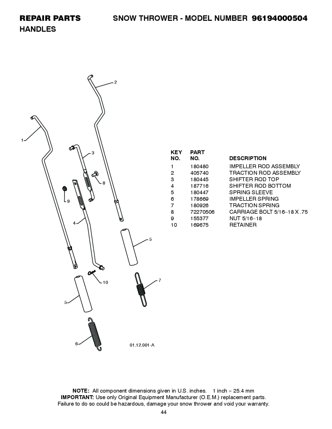 Poulan 96194000504 owner manual Carriage Bolt 5/16−18 X 155377 NUT 5/16−18 169675 