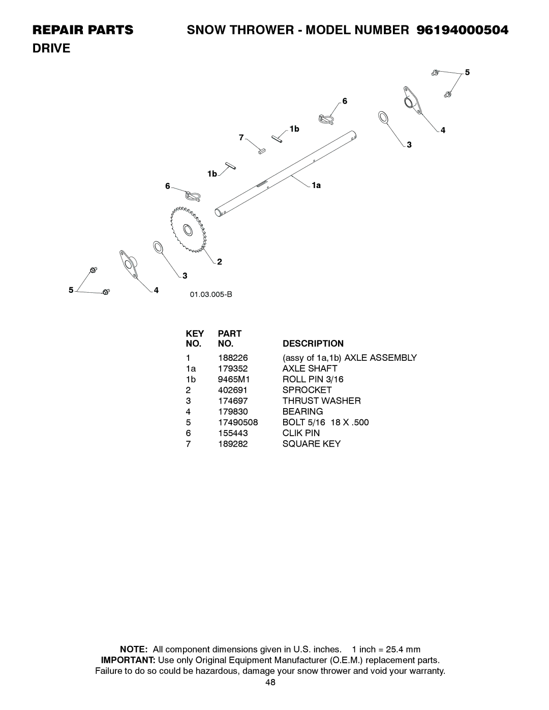 Poulan 96194000504 owner manual Repair Parts Drive Snow Thrower Model Number, Axle Shaft, Roll PIN 3/16, Sprocket, Clik PIN 