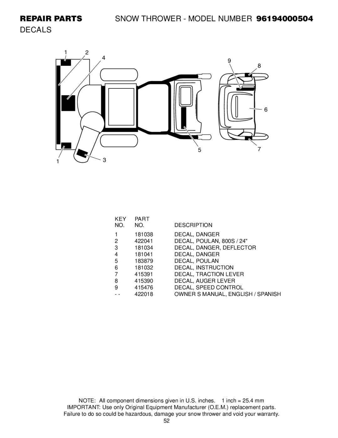 Poulan Repair Parts Snow Thrower Model Number 96194000504 Decals, 181038, DECAL, Danger, DECAL, DANGER, Deflector 