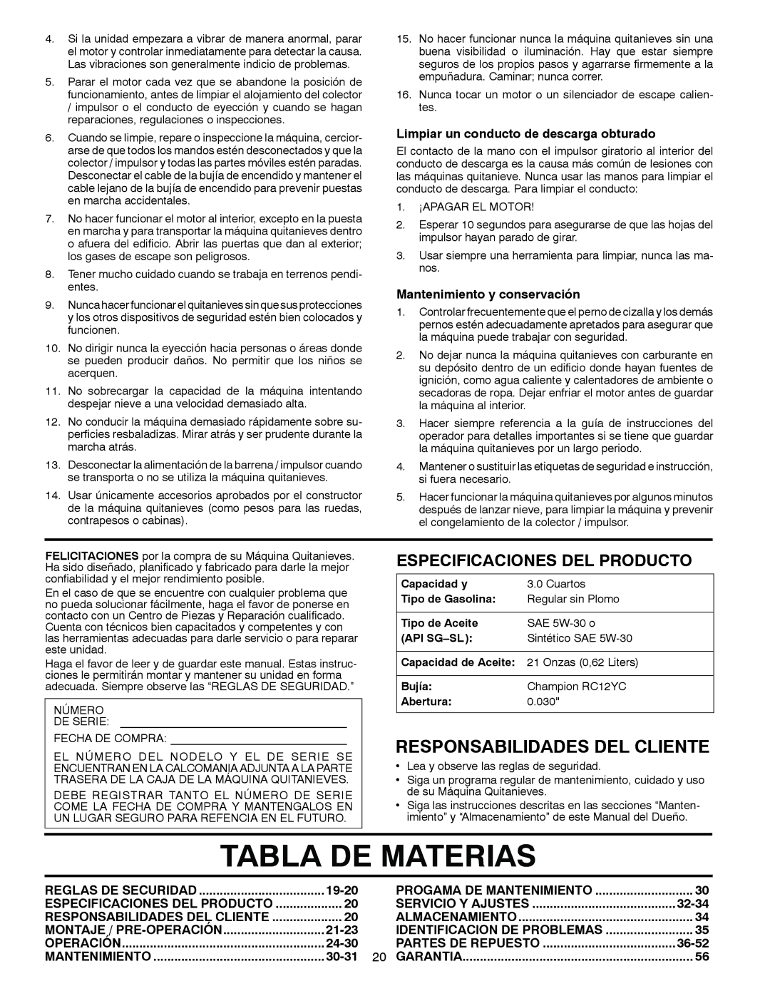 Poulan 96194000505 owner manual Tabla DE Materias, Responsabilidades DEL Cliente, Montaje / PRE-OPERACIÓN 