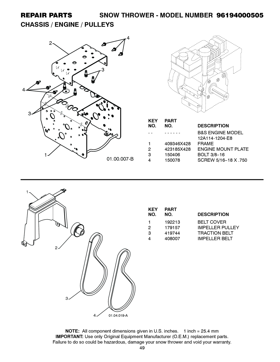 Poulan 96194000505 owner manual Engine Model, Frame, Engine Mount Plate, Belt Cover, Traction Belt, Impeller Belt 