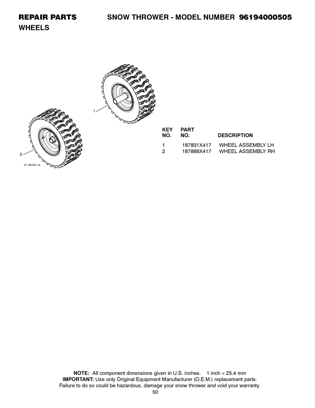 Poulan owner manual Repair Parts Snow Thrower Model Number 96194000505 Wheels, 187831X417, Wheel Assembly LH, 187866X417 