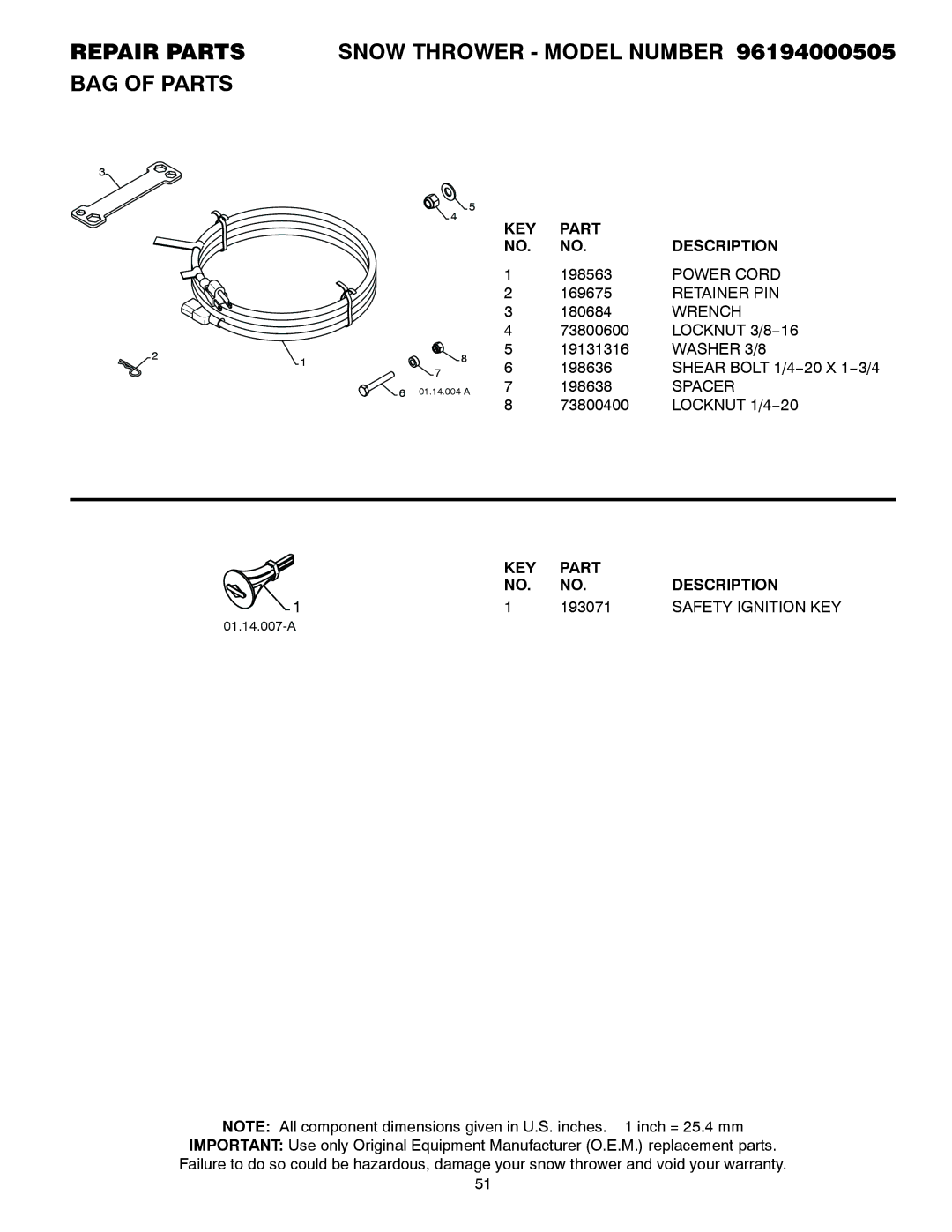 Poulan 96194000505 owner manual Power Cord, Retainer PIN, Wrench, 193071, Safety Ignition KEY 