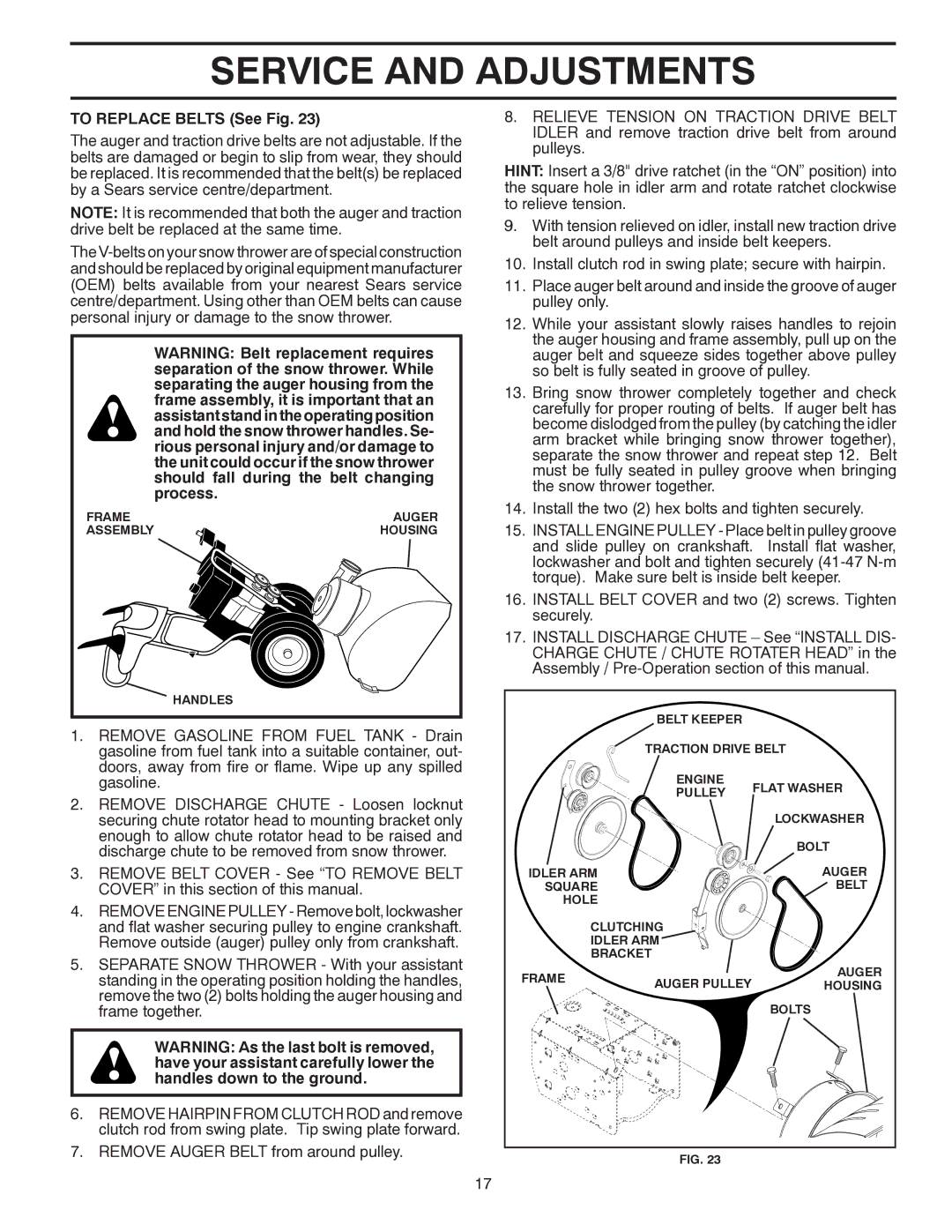 Poulan 96194000600 owner manual To Replace Belts See Fig 