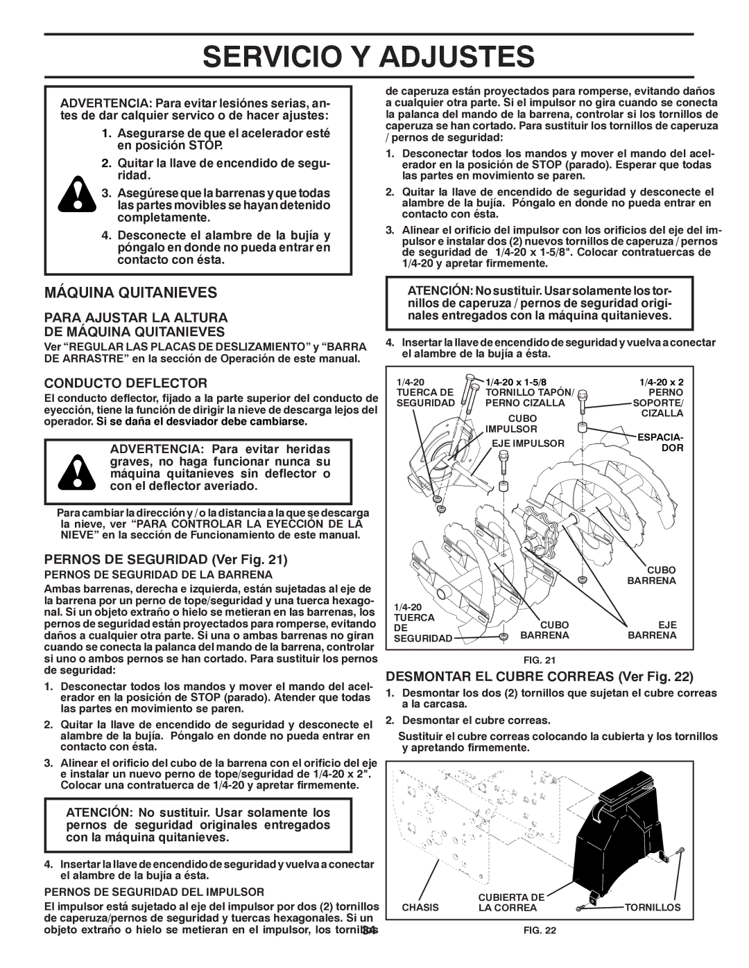 Poulan 96194000600 owner manual Servicio Y Adjustes, Para Ajustar LA Altura DE Máquina Quitanieves, Conducto Deflector 