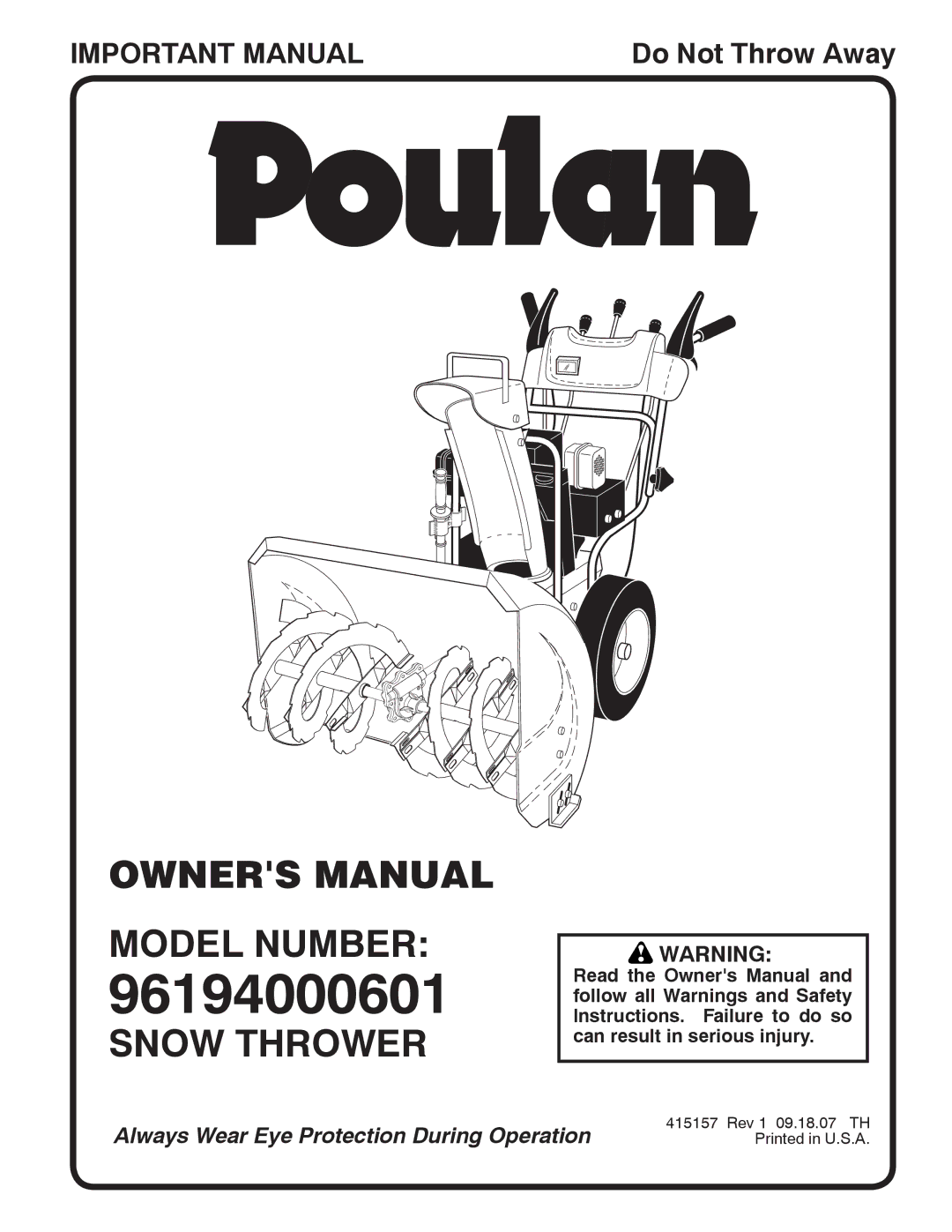 Poulan 96194000601 owner manual Model Number, Snow Thrower 