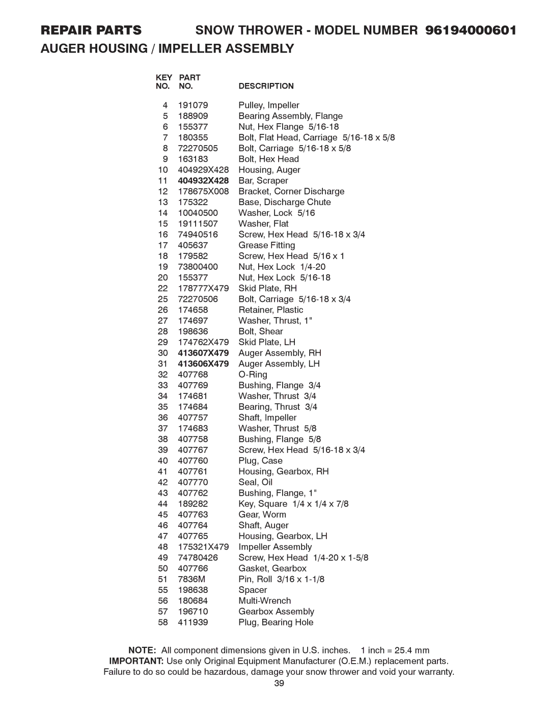 Poulan 96194000601 owner manual KEY Part Description 