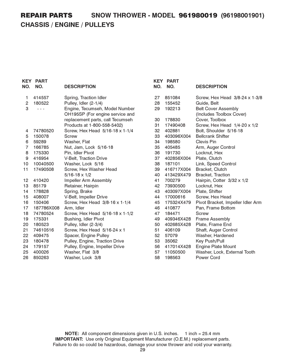 Poulan 961980019 owner manual KEY Part Description 