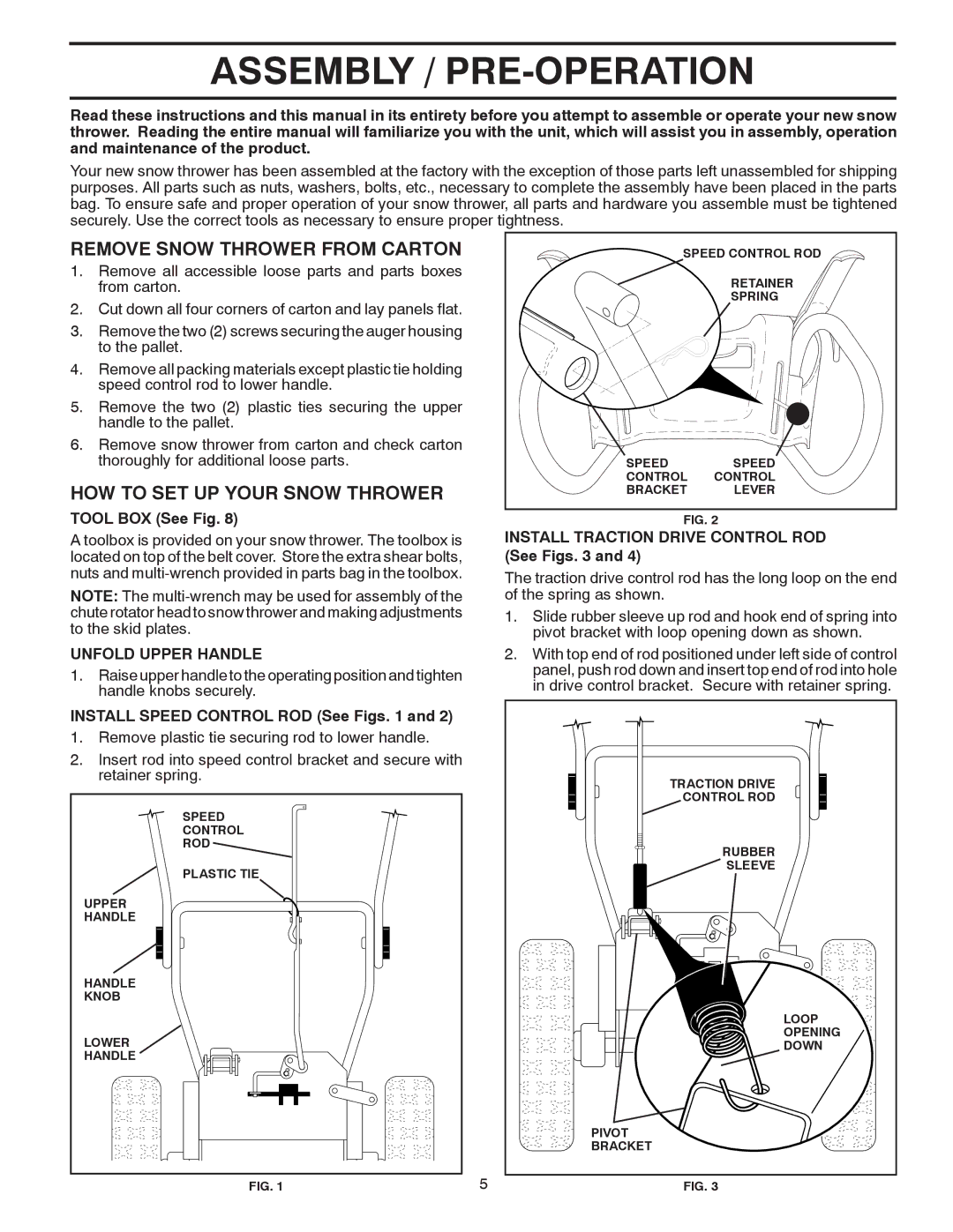 Poulan 961980019 owner manual Assembly / PRE-OPERATION, Remove Snow Thrower from Carton, HOW to SET UP Your Snow Thrower 