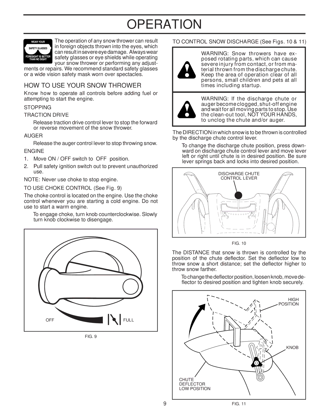 Poulan 961980019 HOW to USE Your Snow Thrower, Stopping, To USE Choke Control See Fig, To Control Snow Discharge See Figs 