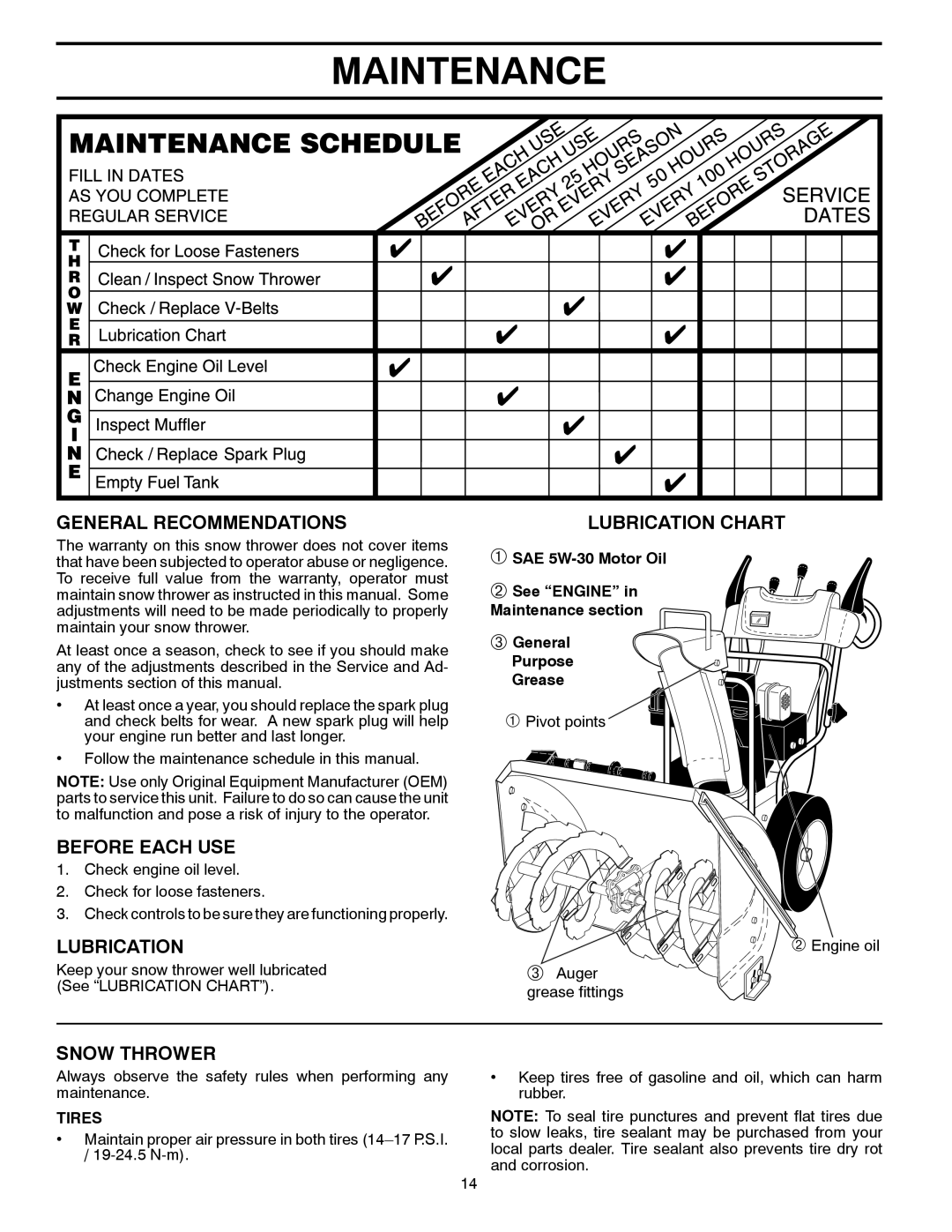 Poulan 96198002900, PP291EPS27 owner manual Maintenance, General Recommendations, Before Each USE, Lubrication, Snow Thrower 