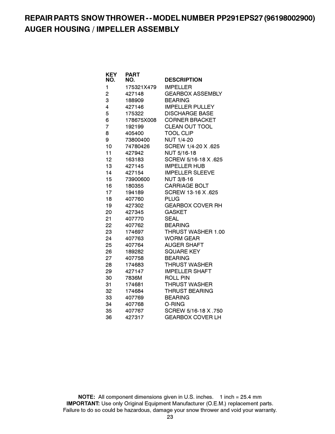 Poulan PP291EPS27, 96198002900 owner manual KEY Part Description 