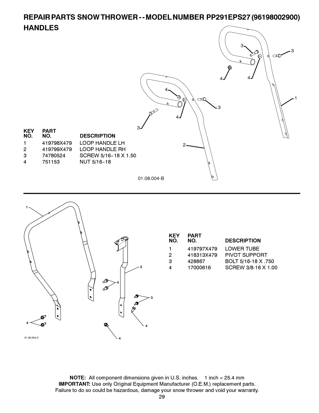 Poulan PP291EPS27, 96198002900 owner manual Loop Handle LH, Loop Handle RH, Lower Tube, Pivot Support 