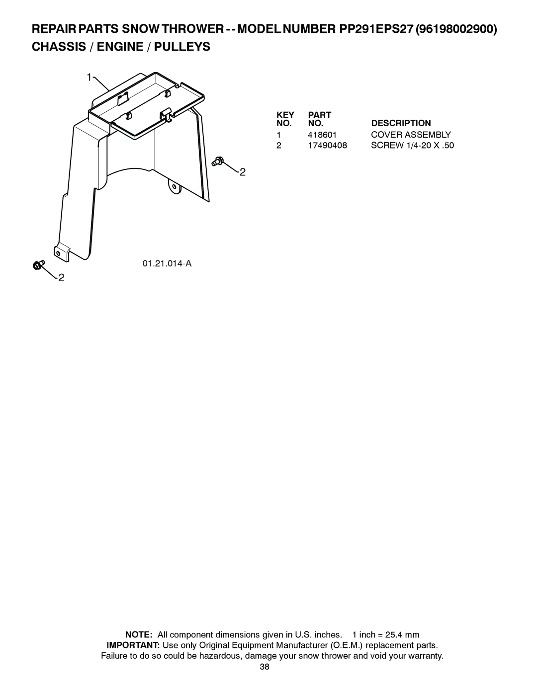 Poulan 96198002900, PP291EPS27 owner manual 01.21.014-A, Cover Assembly 