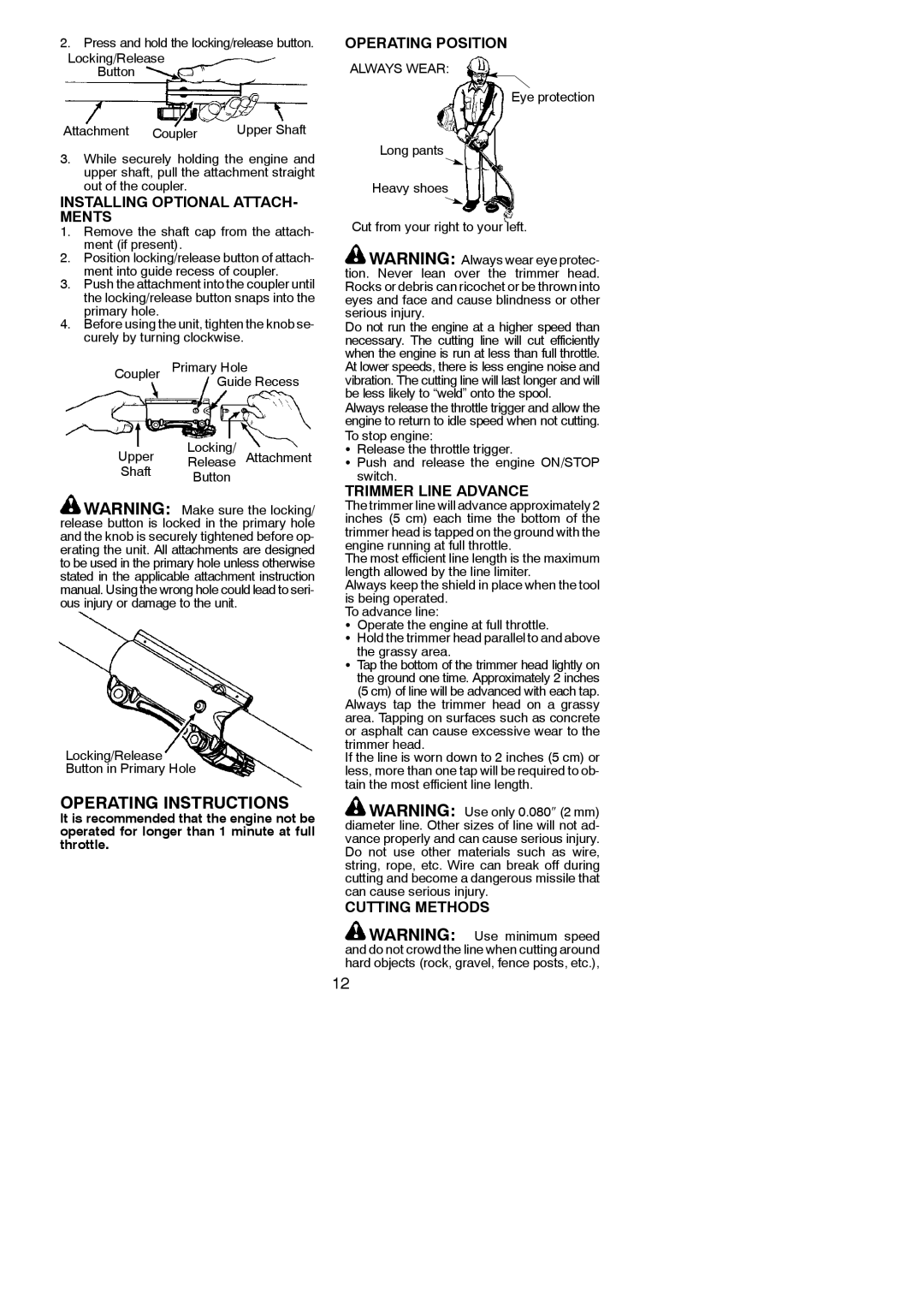 Poulan 966062801 Installing Optional ATTACH- Ments, Operating Position, Trimmer Line Advance, Cutting Methods 