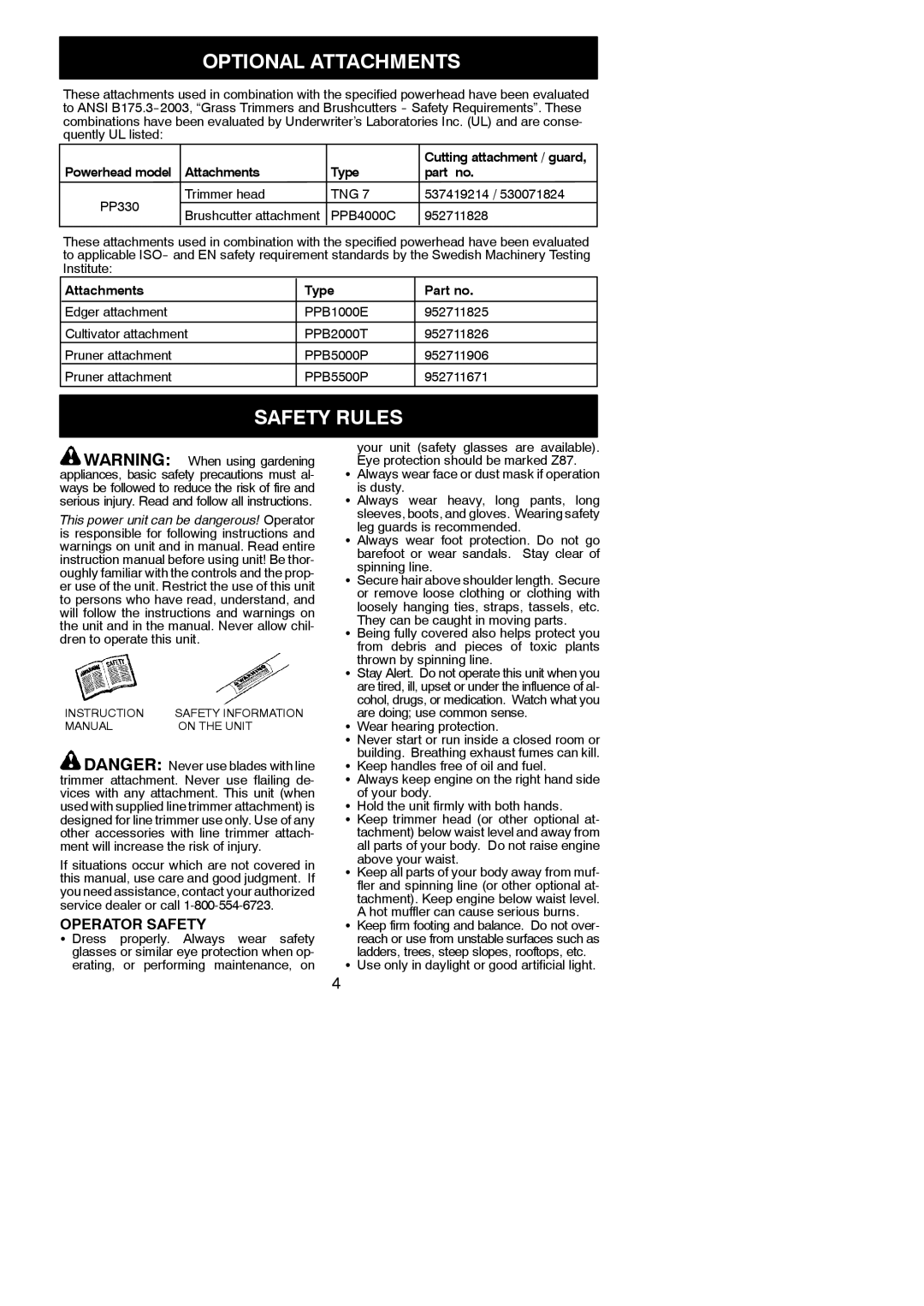 Poulan 966062801 instruction manual Optional Attachments, Safety Rules, Operator Safety 