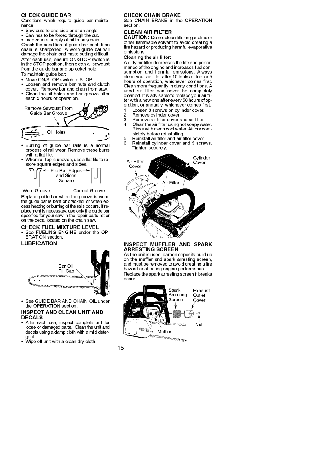 Poulan 966063001 Check Guide BAR, Check Fuel Mixture Level, Lubrication, Inspect and Clean Unit and Decals 