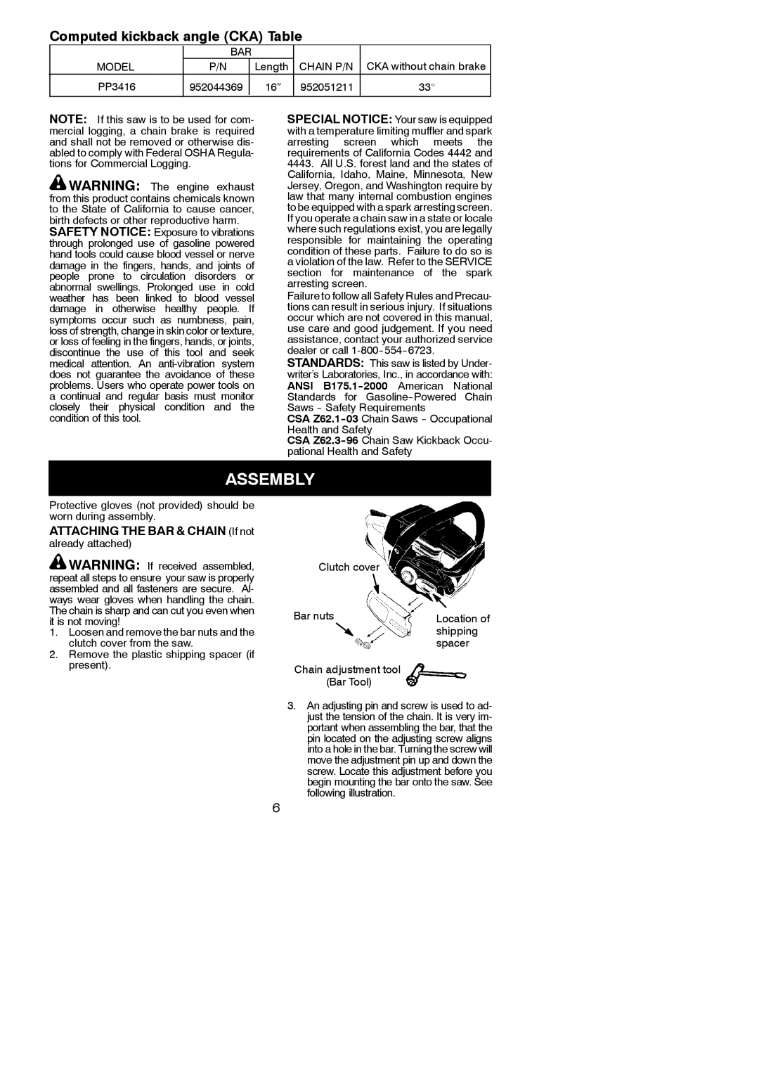 Poulan 966063001 instruction manual Assembly, Attaching the BAR & Chain If not, Bar, Model, Chain P/N 