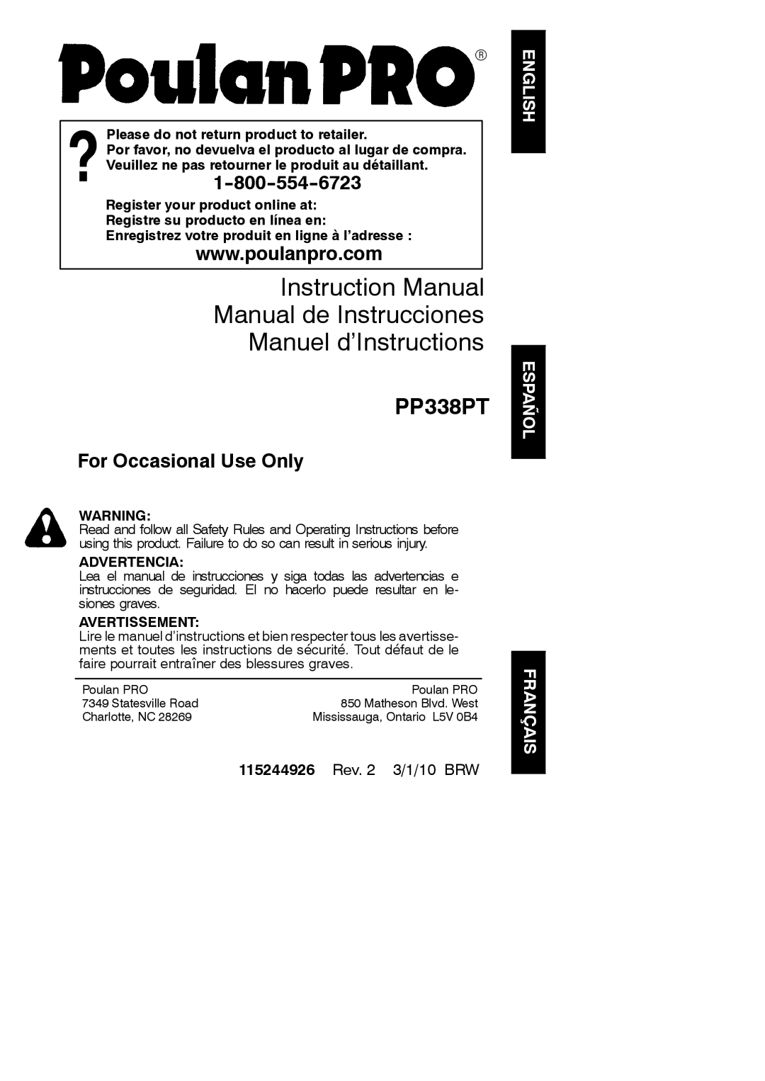 Poulan 115244926, 966423701 instruction manual Manual de Instrucciones Manuel d’Instructions, English Español Français 