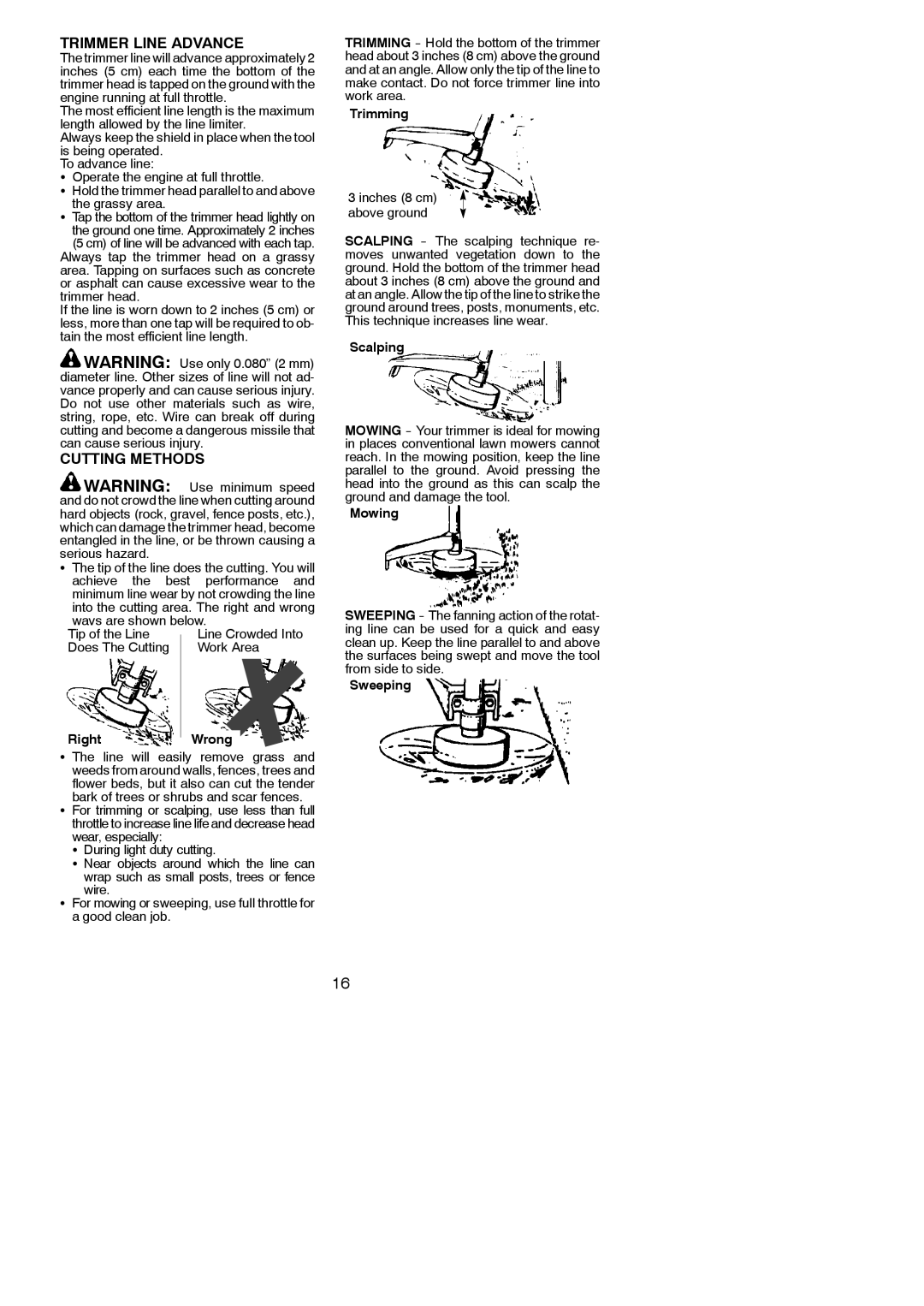 Poulan 966423701 Trimmer Line Advance, Cutting Methods, Ways are shown below Tip of the Line, Does The Cutting Work Area 