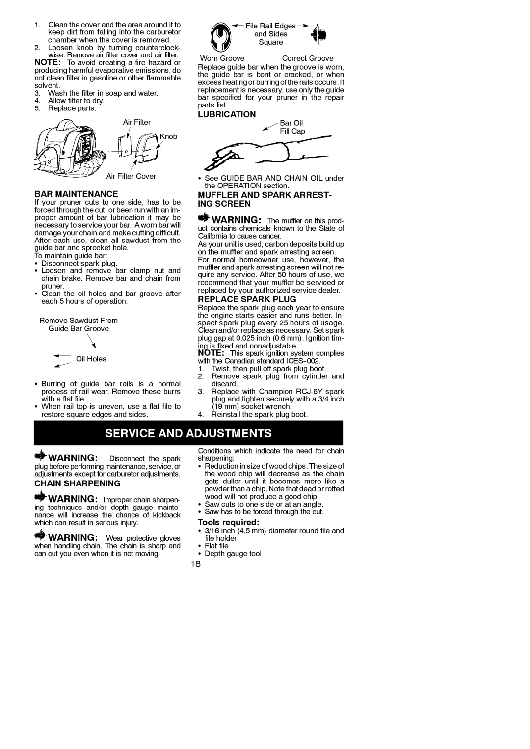 Poulan 966423701, 115244926 instruction manual Service and Adjustments 