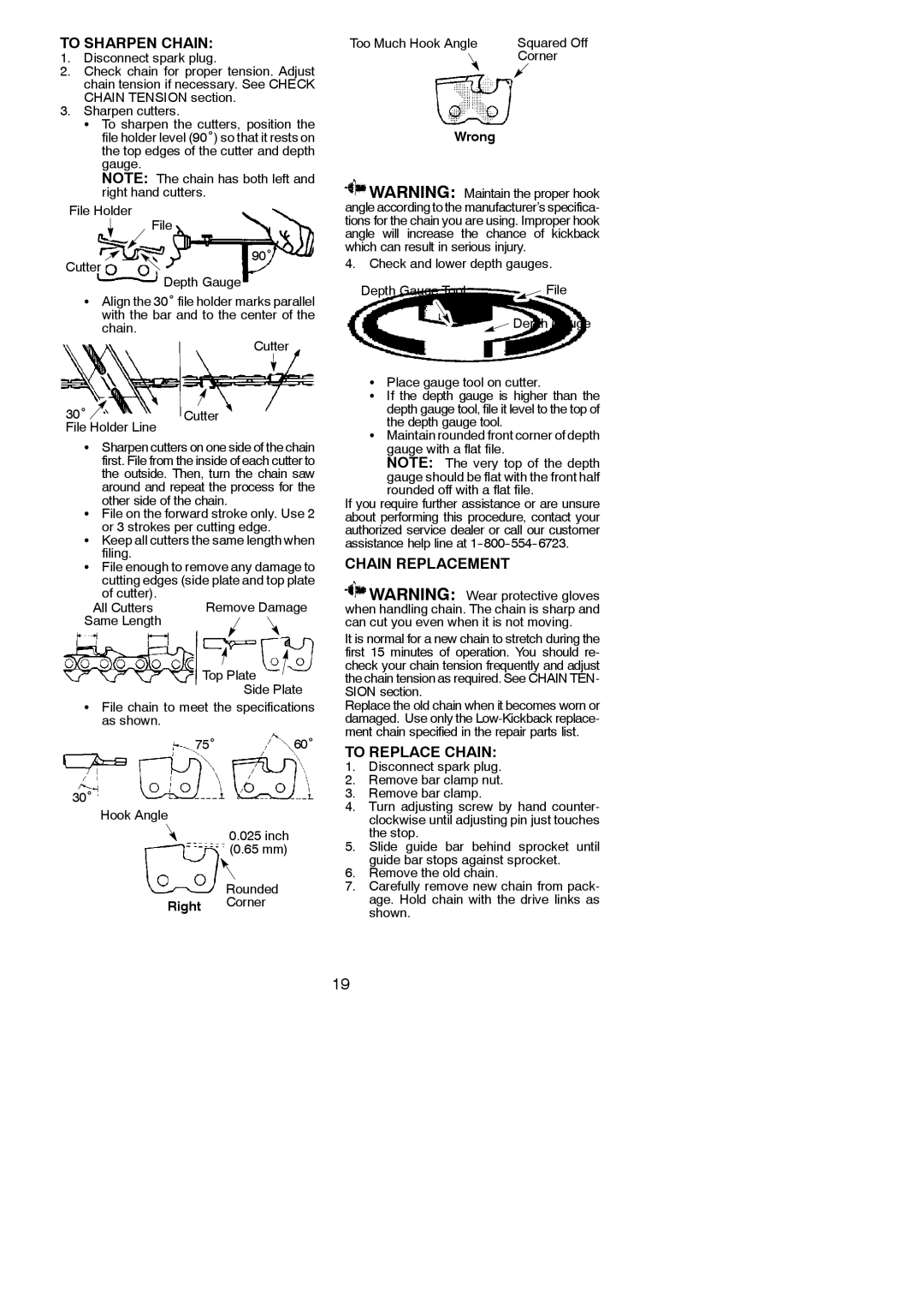 Poulan 115244926, 966423701 instruction manual To Sharpen Chain, Chain Replacement, To Replace Chain 