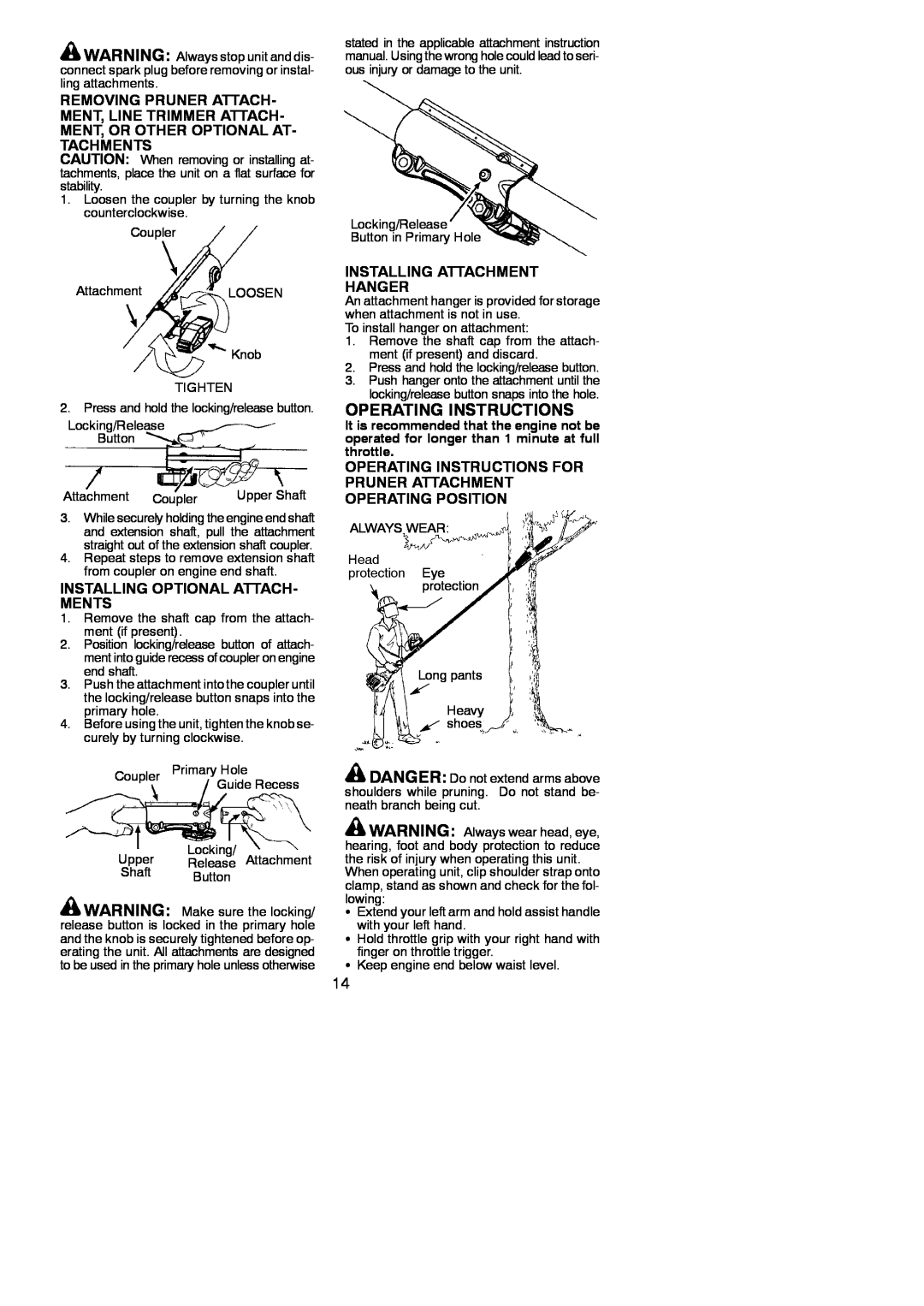 Poulan 966423701, 115244926 Operating Instructions, Removing Pruner Attach, Installing Optional Attach- Ments 