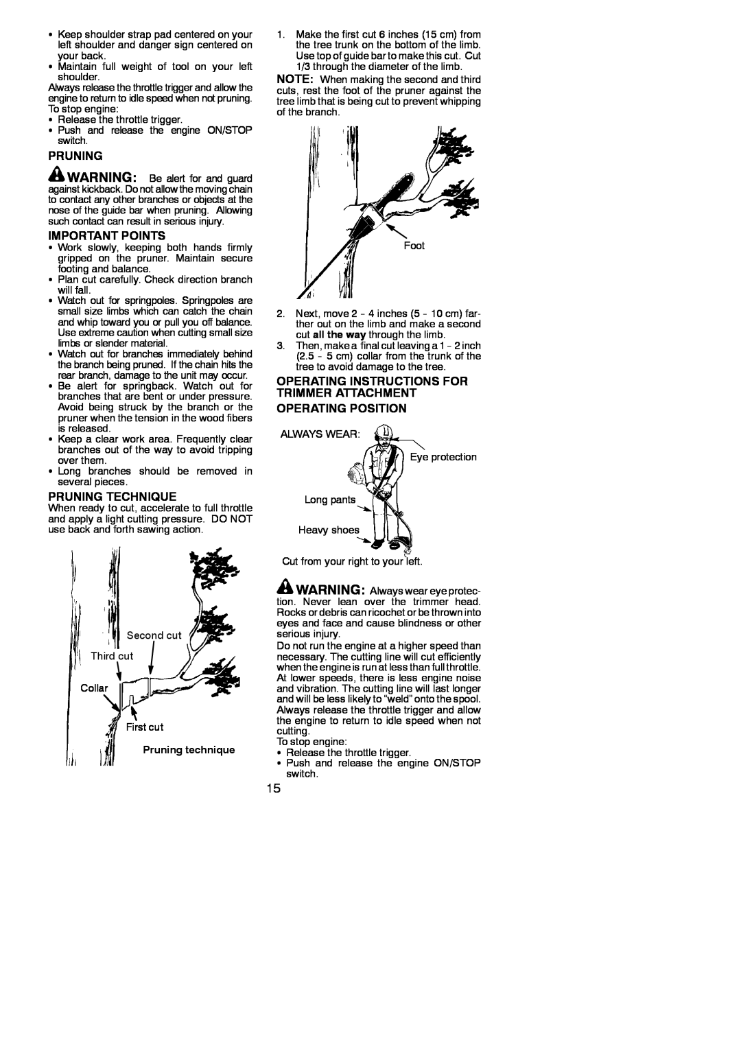 Poulan 115244926 Important Points, Pruning Technique, Operating Instructions For Trimmer Attachment Operating Position 