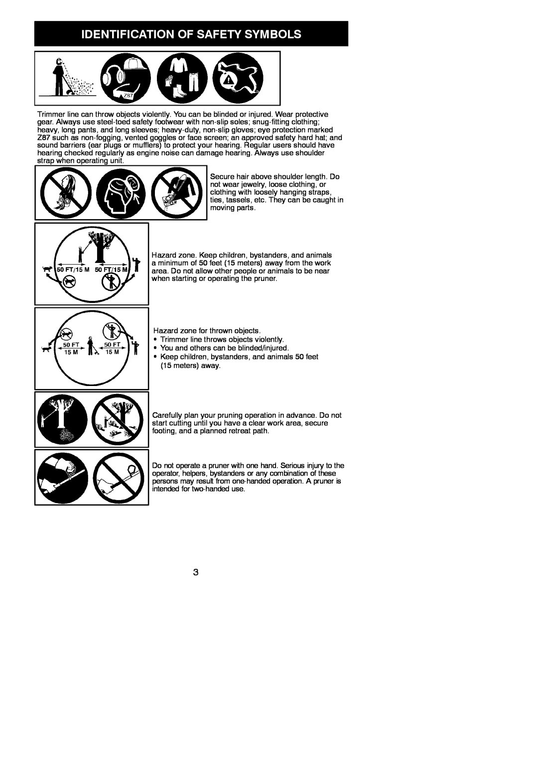 Poulan 115244926, 966423701 instruction manual Identification Of Safety Symbols, Hazard zone for thrown objects 