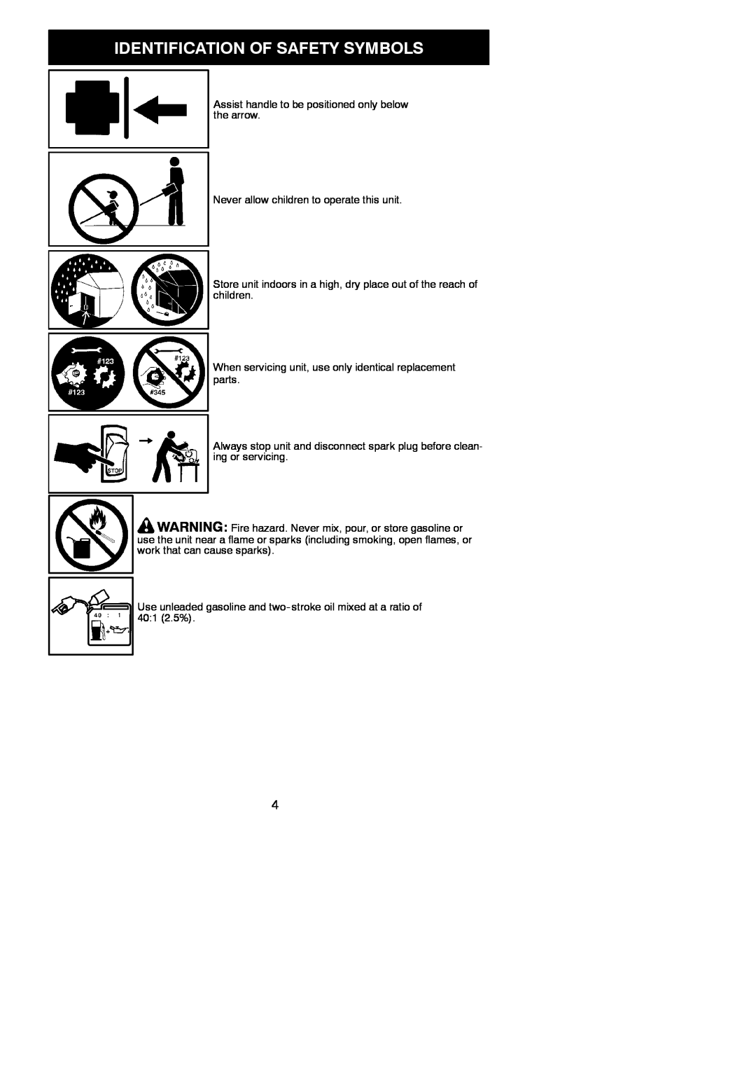 Poulan 966423701, 115244926 Identification Of Safety Symbols, Assist handle to be positioned only below the arrow 