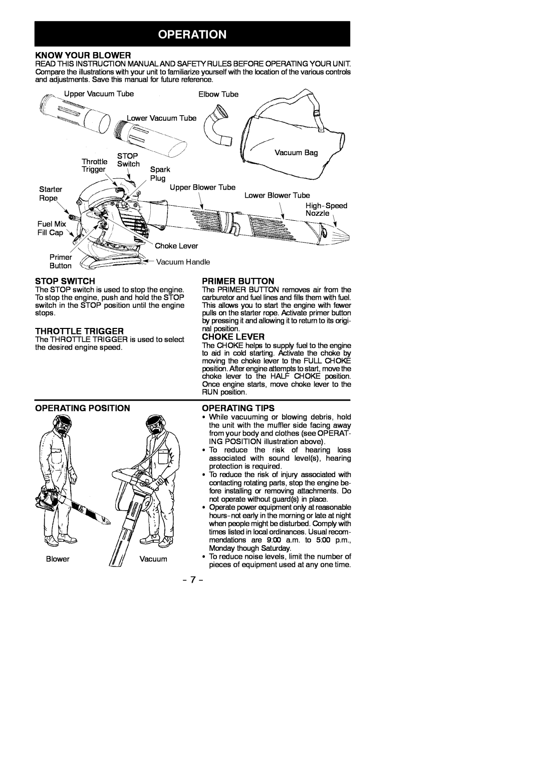 Poulan 952711923 Operation, Know Your Blower, Stop Switch, Throttle Trigger, Primer Button, Choke Lever, Operating Tips 