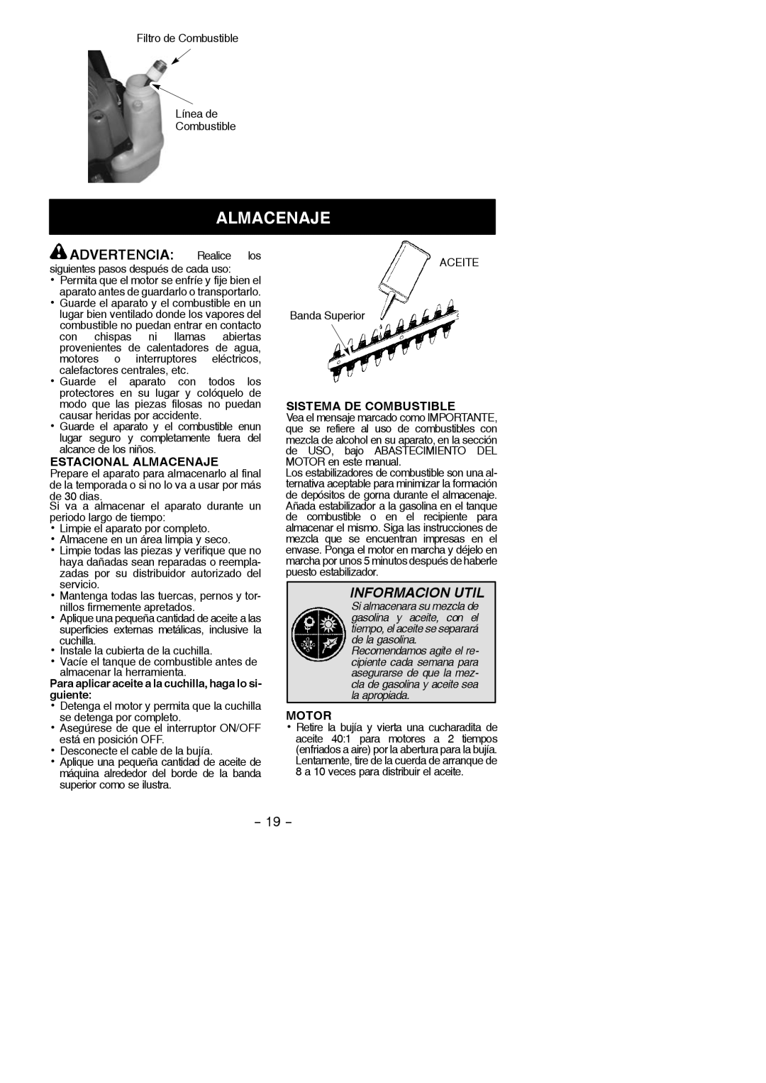 Poulan PP2822, 966513101 Advertencia Realice los, Estacional Almacenaje, Sistema DE Combustible, Motor 