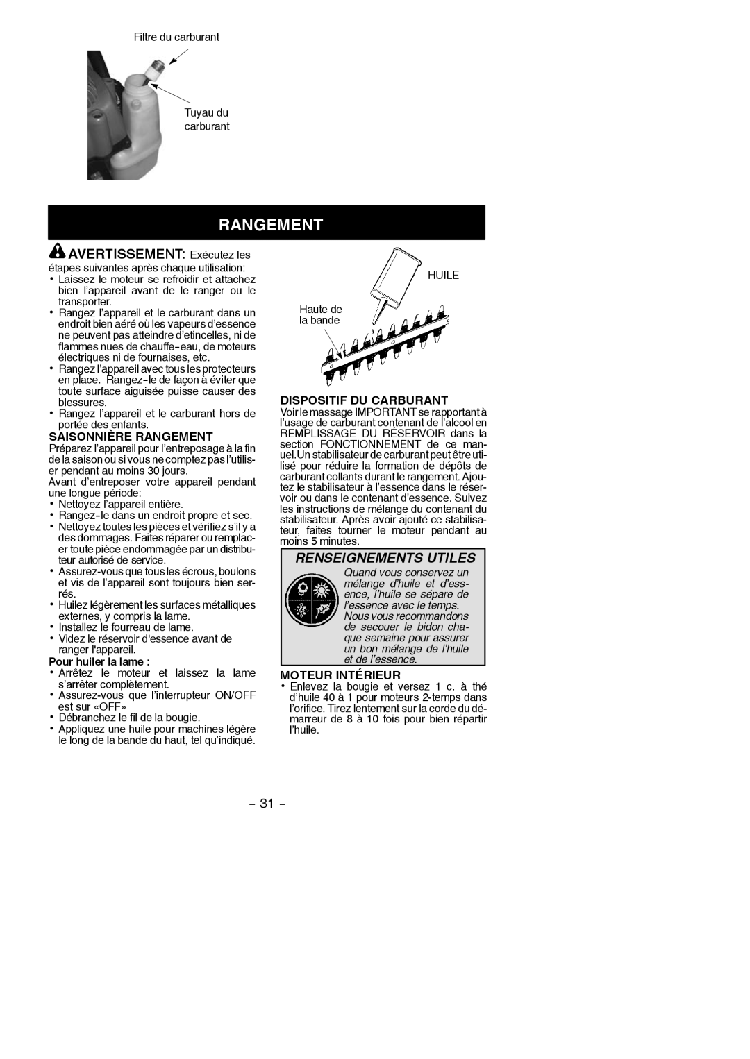 Poulan PP2822, 966513101 Avertissement Exécutez les, Saisonnière Rangement, Dispositif DU Carburant, Moteur Intérieur 