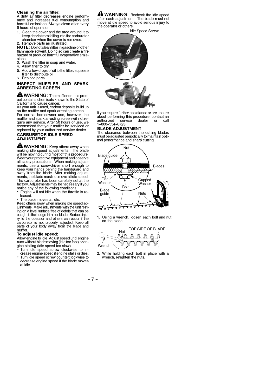 Poulan PP2822 Cleaning the air filter, Inspect Muffler and Spark Arresting Screen, Carburetor Idle Speed Adjustment 