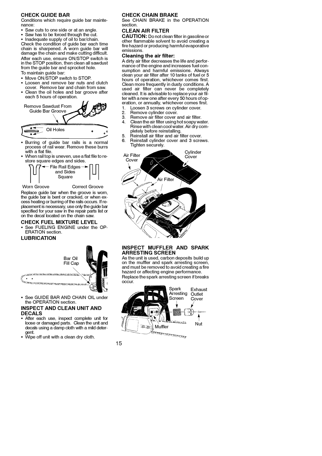 Poulan 966513901 Check Guide BAR, Check Fuel Mixture Level, Lubrication, Inspect and Clean Unit and Decals 