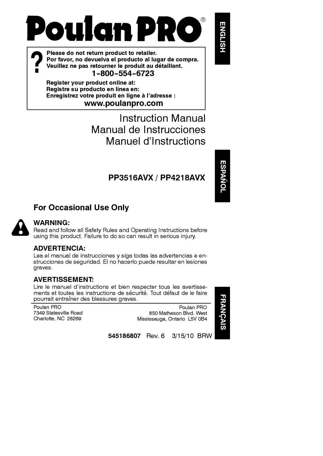 Poulan 952802261, 966557901, 952802145, 952802232, 952802144 instruction manual Manual de Instrucciones Manuel d’Instructions 