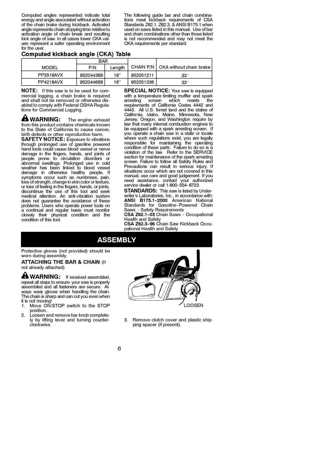 Poulan 952802261, 966557901, 952802145, 952802232, 952802144 instruction manual Assembly, Attaching the BAR & Chain If, Loosen 