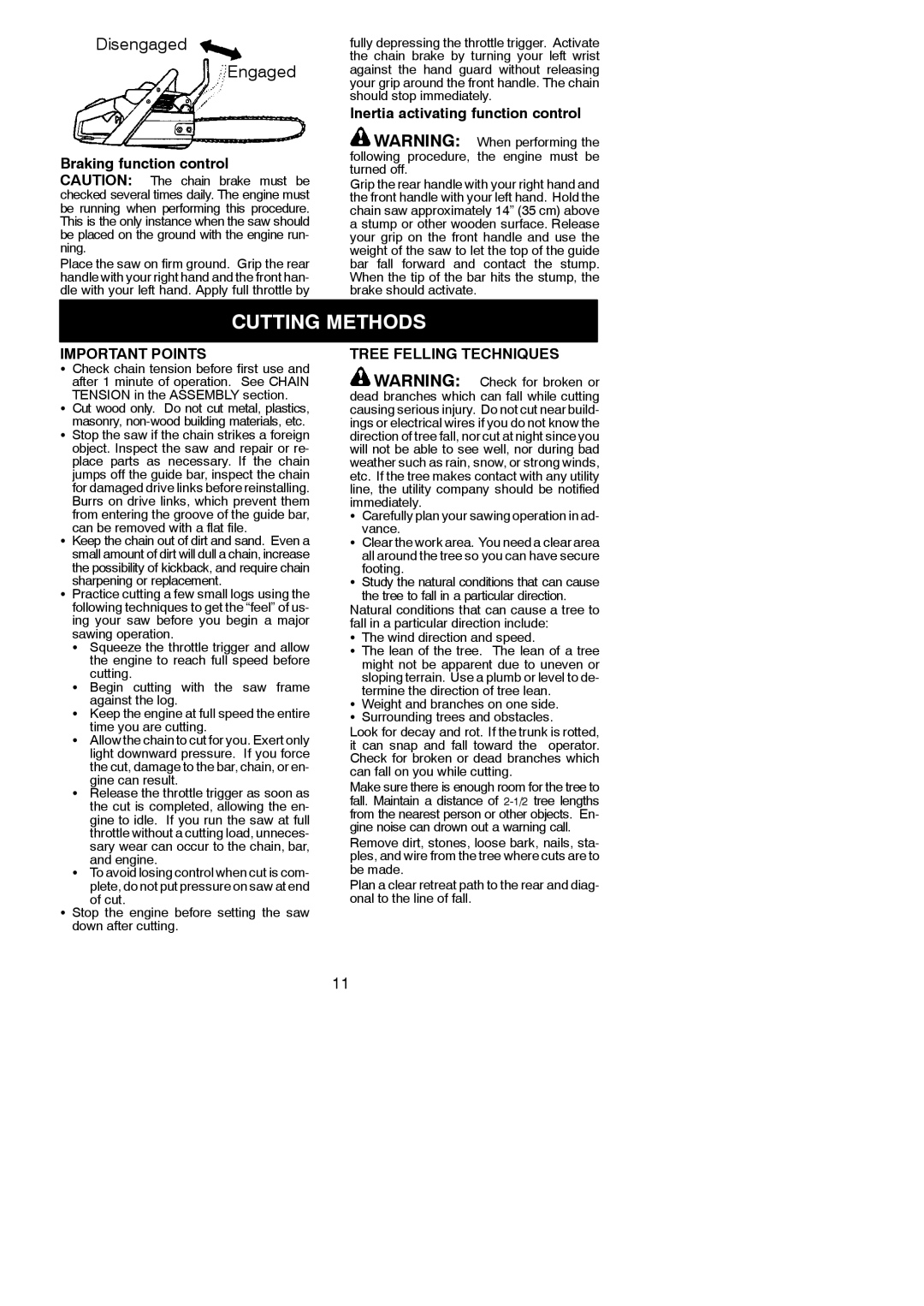 Poulan 115358026 Cutting Methods, Braking function control, Inertia activating function control, Important Points 