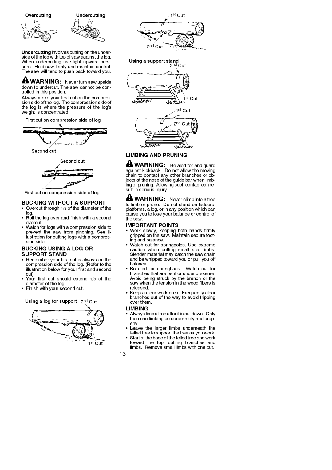 Poulan 115358026 Bucking Without a Support, Bucking Using a LOG or Support Stand, Limbing and Pruning Important Points 