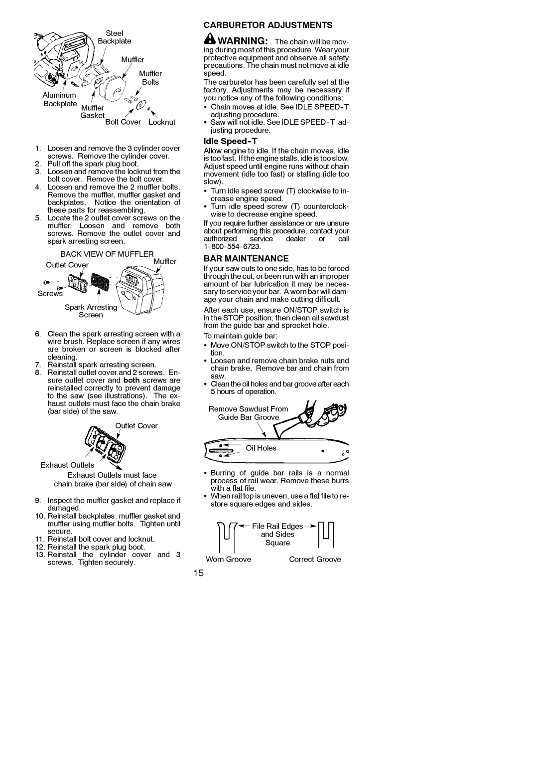 Poulan 115358026, 966558001 instruction manual Carburetor Adjustments, Idle Speed-T, BAR Maintenance, Back View of Muffler 