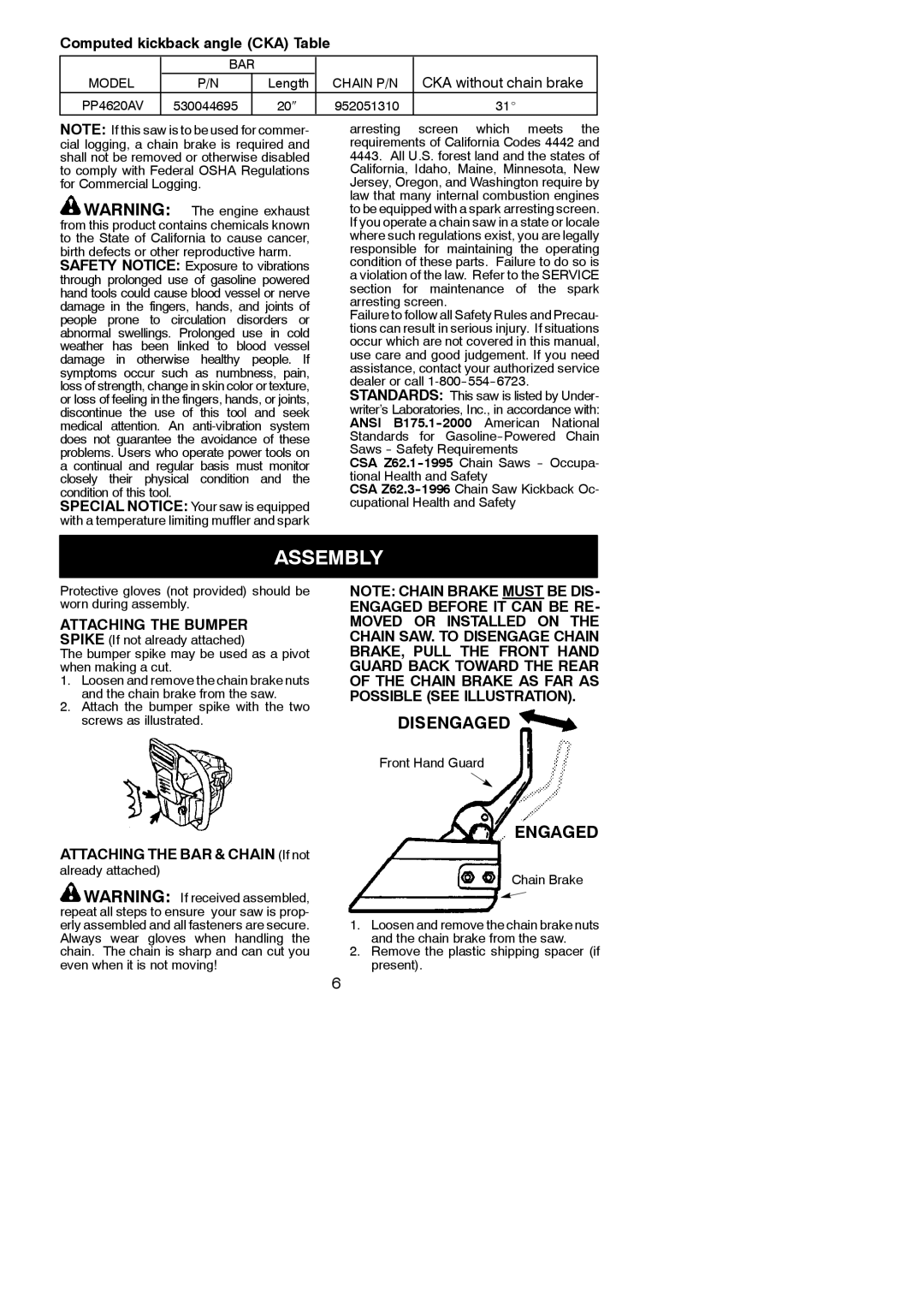 Poulan 966558001 Assembly, Computed kickback angle CKA Table, Attaching the Bumper Spike If not already attached 