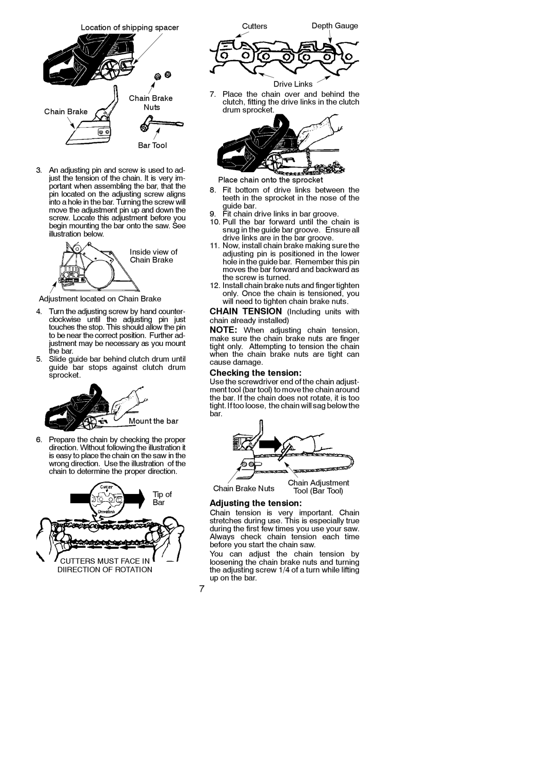 Poulan 115358026 Checking the tension, Adjusting the tension, Inside view Chain Brake Adjustment located on Chain Brake 