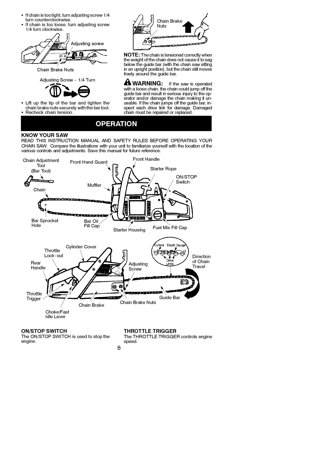 Poulan 966558001, 115358026 instruction manual Operation, Know Your SAW, ON/STOP Switch Throttle Trigger, On/Stop 