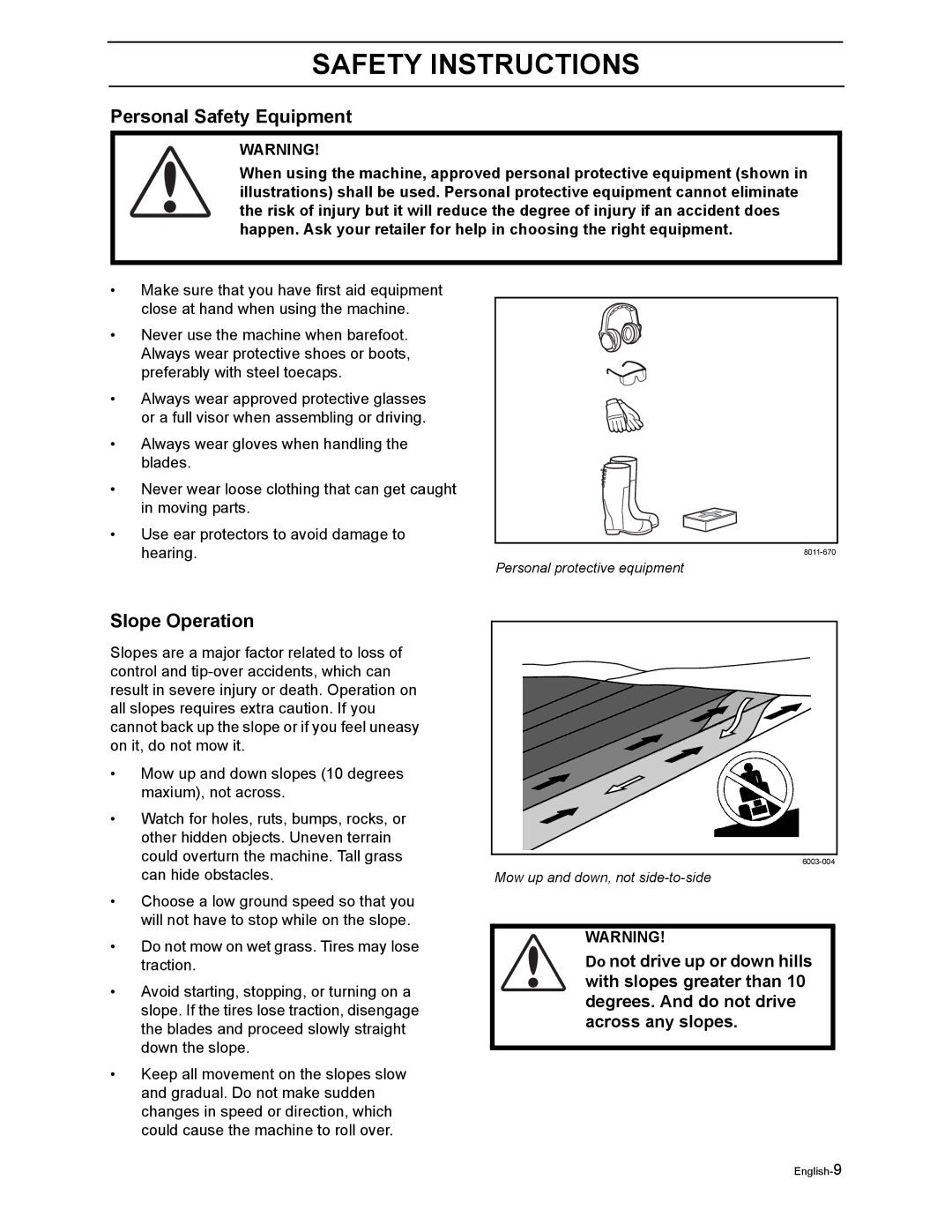 Poulan 968999302 manual Personal Safety Equipment, Slope Operation 