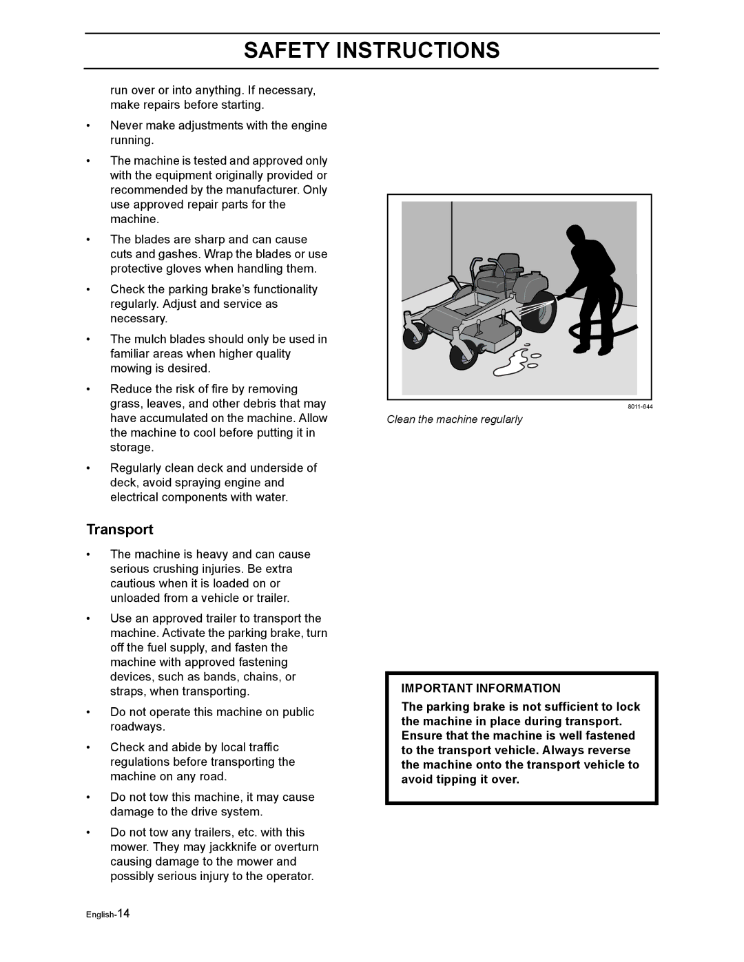 Poulan 968999302 manual Transport, Important Information 