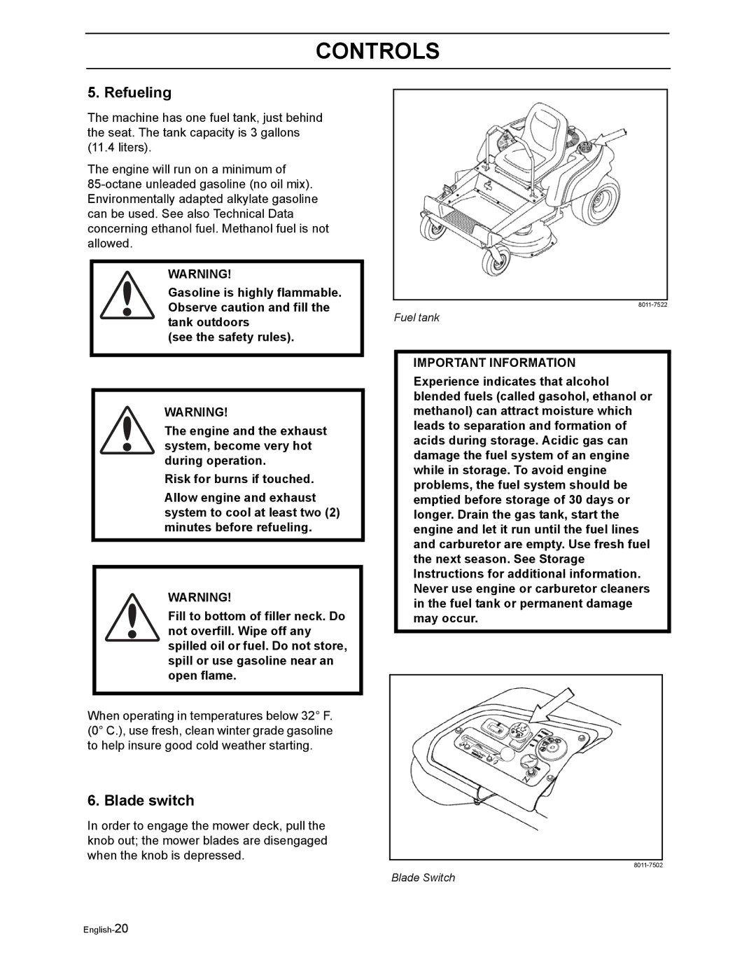 Poulan 968999302 manual Refueling, Blade switch 