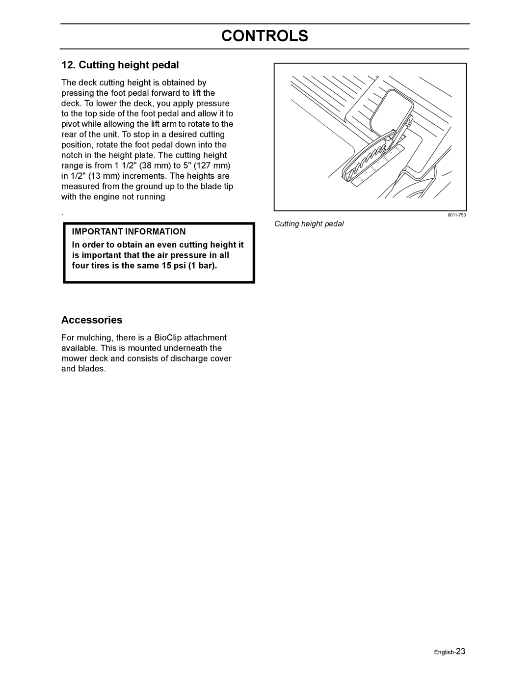 Poulan 968999302 manual Cutting height pedal, Accessories 